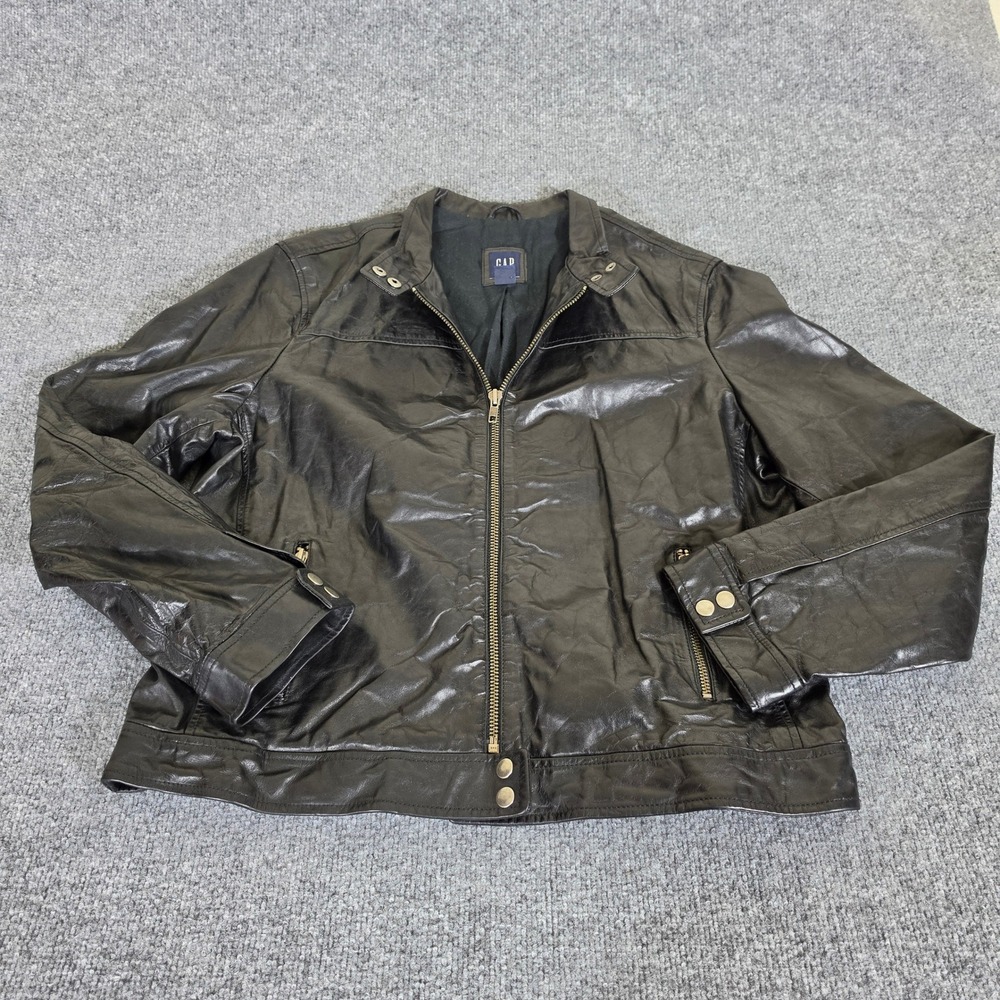 2000s Y2K GAP Womens Size XL Black Leather Moto Jacket Cafe Racer Full Zip